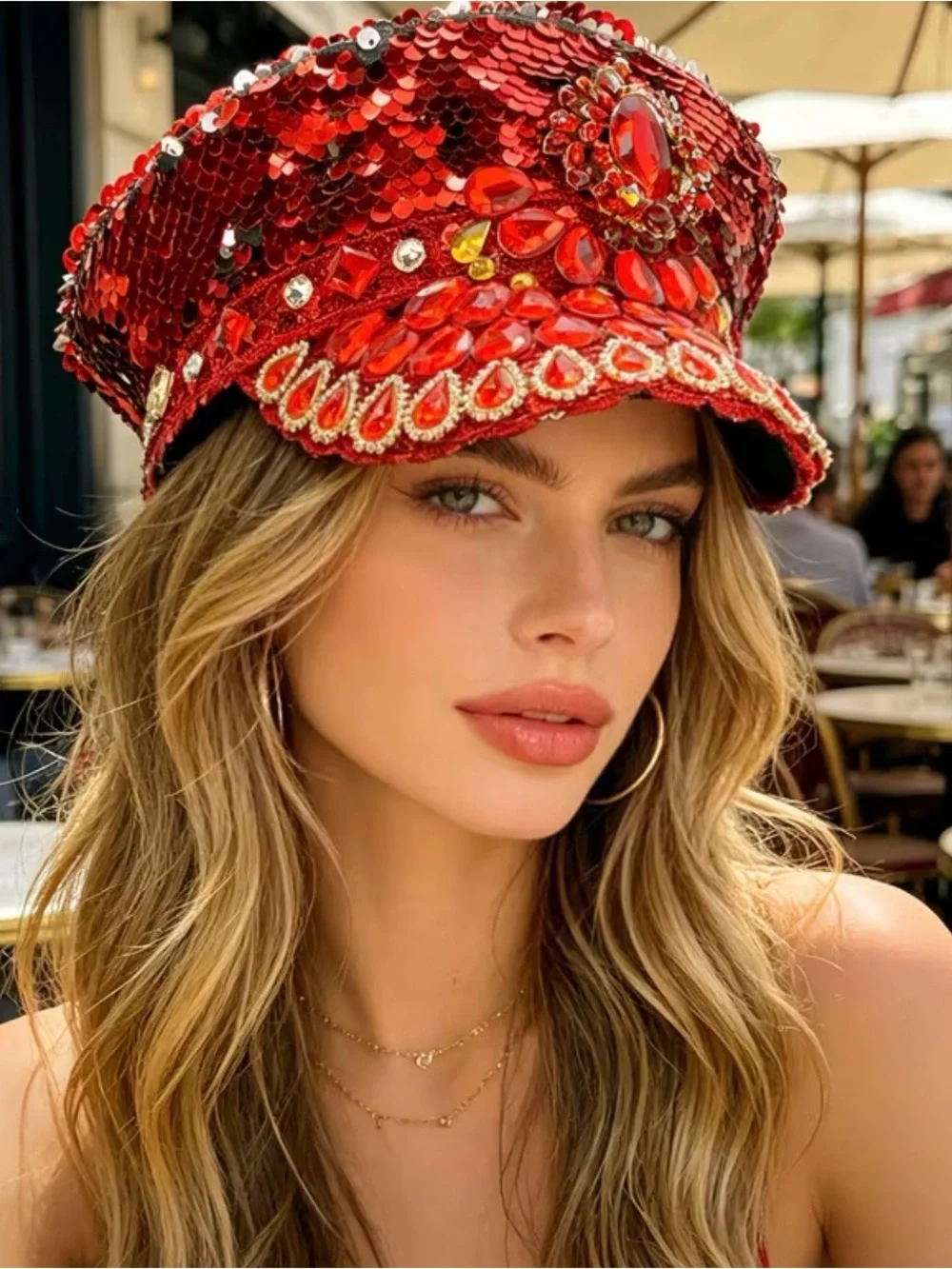 Embellished Red Sequin Jewel Cap - Women Accessories